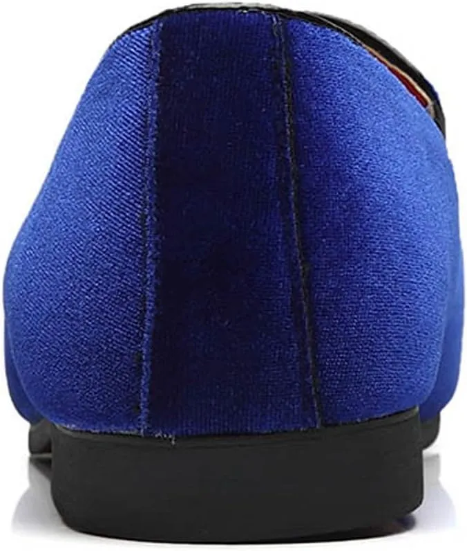 Santimon Loafers Shoes Men Fashion Slip on Metal Fringed Round Toe Velvet Smoking Slipper Moccasins Driving Shoes Black Blue Red