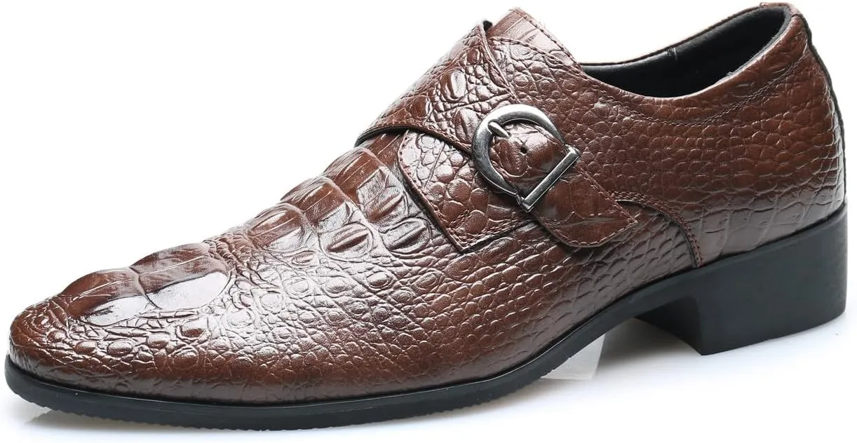 Santimon Men's Alligator Pattern Leather Buckle Monk Strap Loafers Formal Dress Shoes for Men