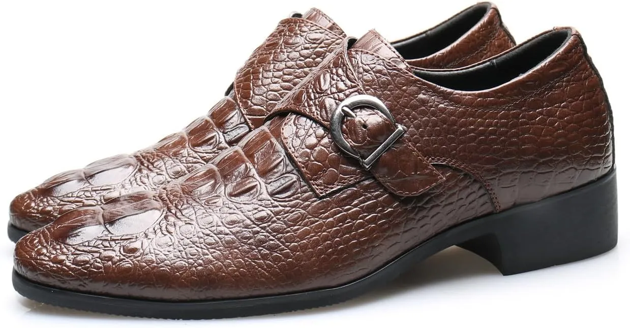 Santimon Men's Alligator Pattern Leather Buckle Monk Strap Loafers Formal Dress Shoes for Men