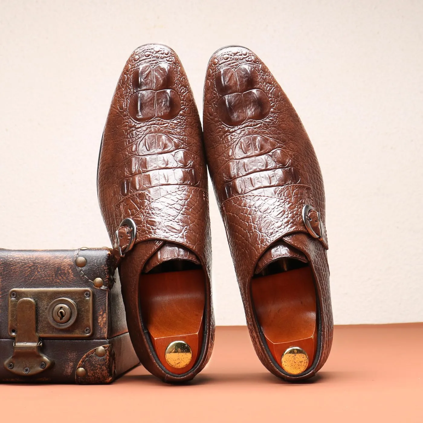 Santimon Men's Alligator Pattern Leather Buckle Monk Strap Loafers Formal Dress Shoes for Men