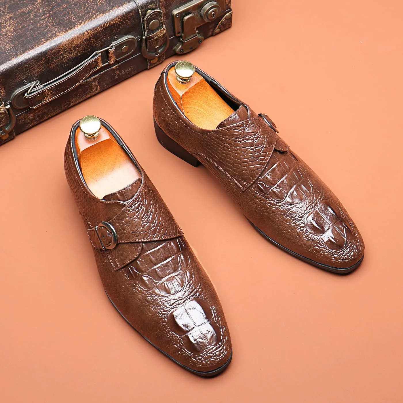 Santimon Men's Alligator Pattern Leather Buckle Monk Strap Loafers Formal Dress Shoes for Men