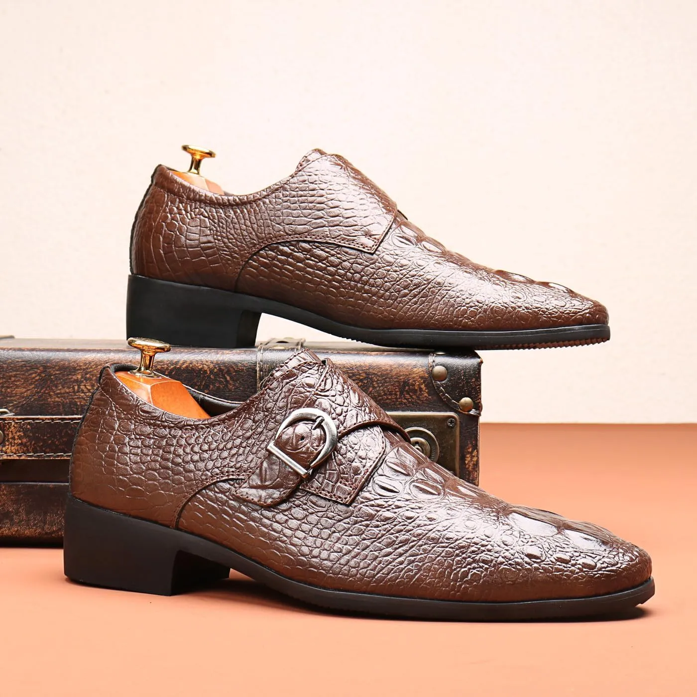 Santimon Men's Alligator Pattern Leather Buckle Monk Strap Loafers Formal Dress Shoes for Men