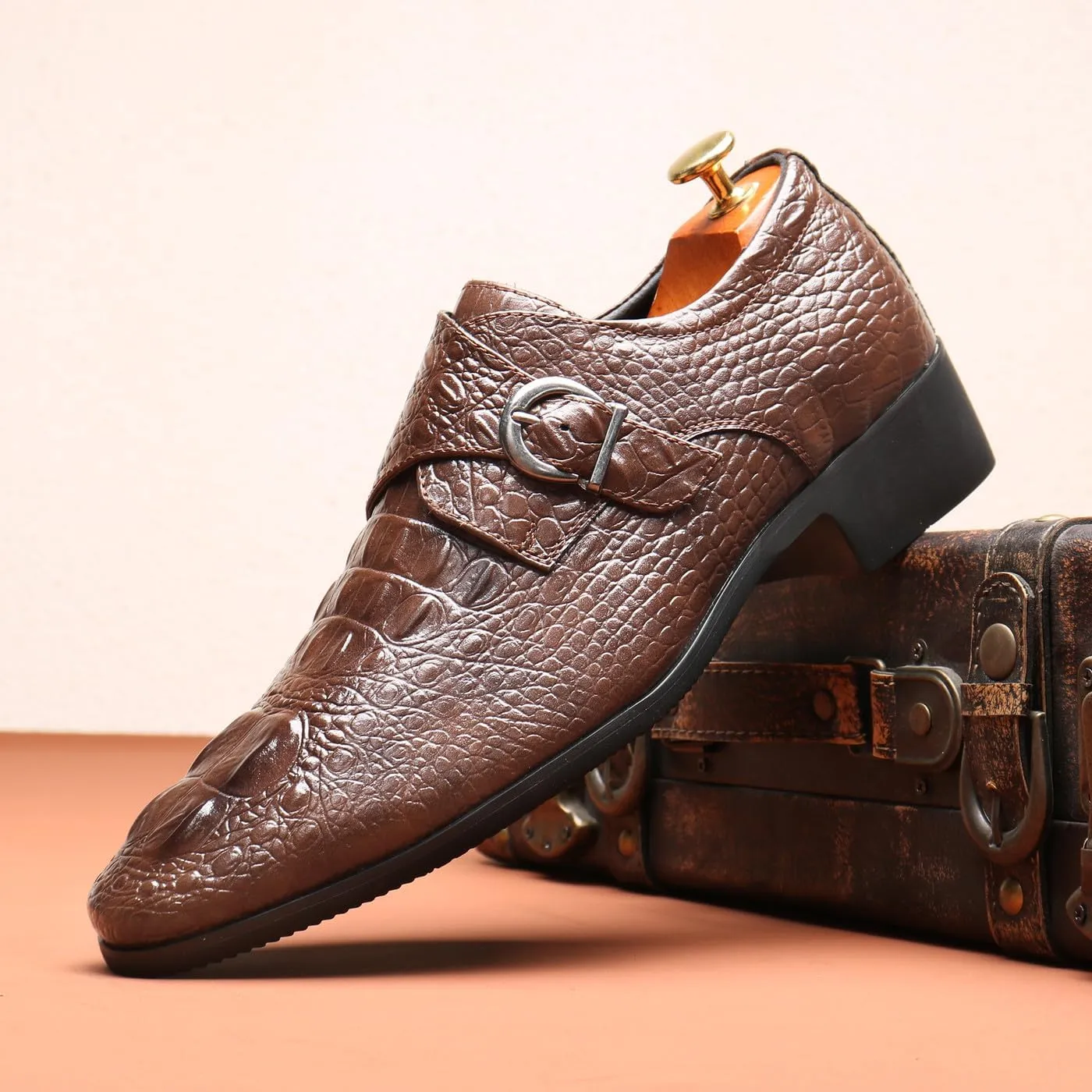 Santimon Men's Alligator Pattern Leather Buckle Monk Strap Loafers Formal Dress Shoes for Men