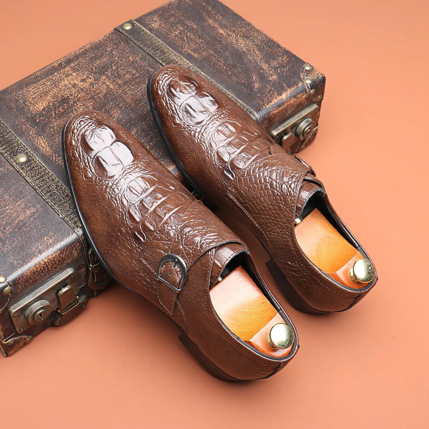 Santimon Men's Alligator Pattern Leather Buckle Monk Strap Loafers Formal Dress Shoes for Men
