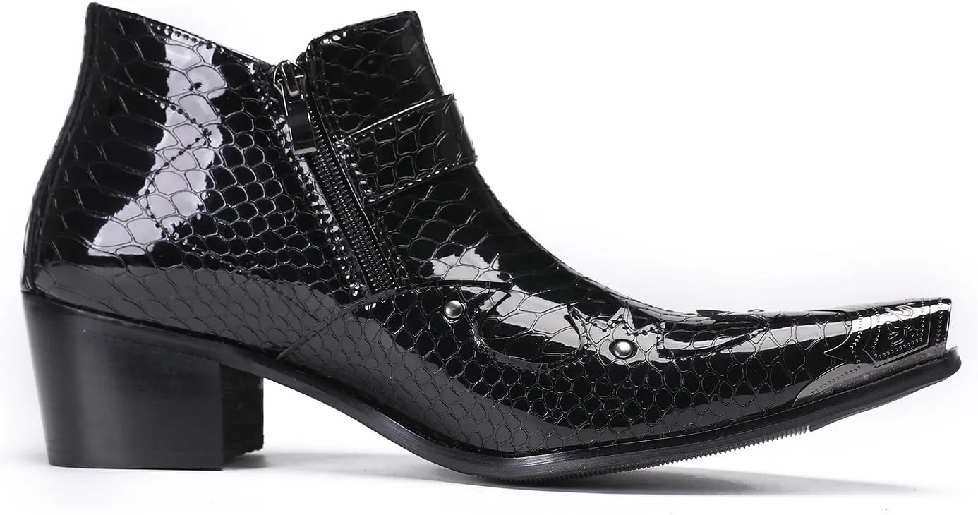 Santimon Mens Ankle Chelsea Boots Casual Dress Rock Party Western Snakeskin Texture Chukka Boots Metal Wingtip Leather Double Zipper Singer Cowboy Boots for Men Boy