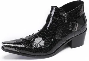 Santimon Mens Ankle Chelsea Boots Casual Dress Rock Party Western Snakeskin Texture Chukka Boots Metal Wingtip Leather Double Zipper Singer Cowboy Boots for Men Boy