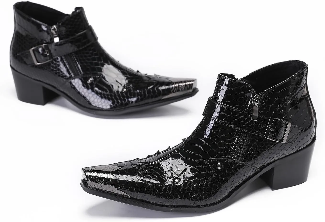 Santimon Mens Ankle Chelsea Boots Casual Dress Rock Party Western Snakeskin Texture Chukka Boots Metal Wingtip Leather Double Zipper Singer Cowboy Boots for Men Boy