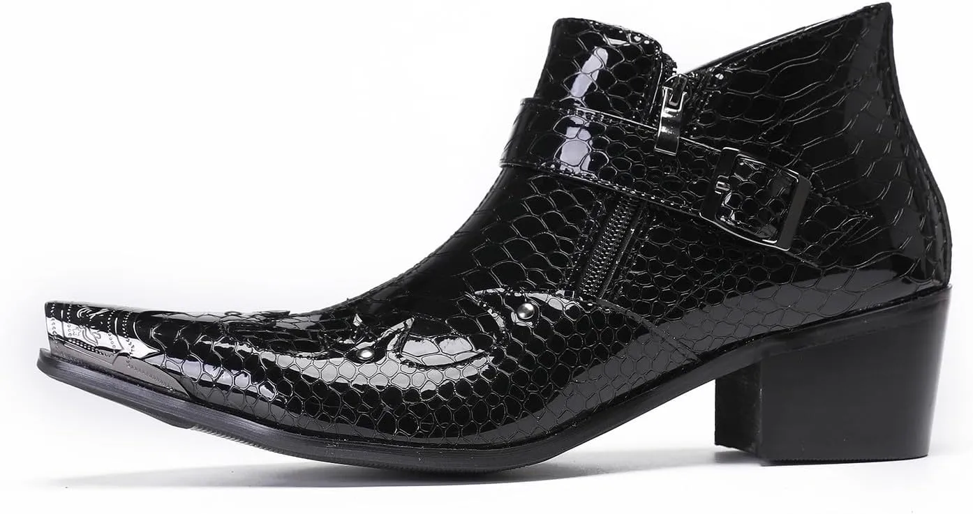 Santimon Mens Ankle Chelsea Boots Casual Dress Rock Party Western Snakeskin Texture Chukka Boots Metal Wingtip Leather Double Zipper Singer Cowboy Boots for Men Boy