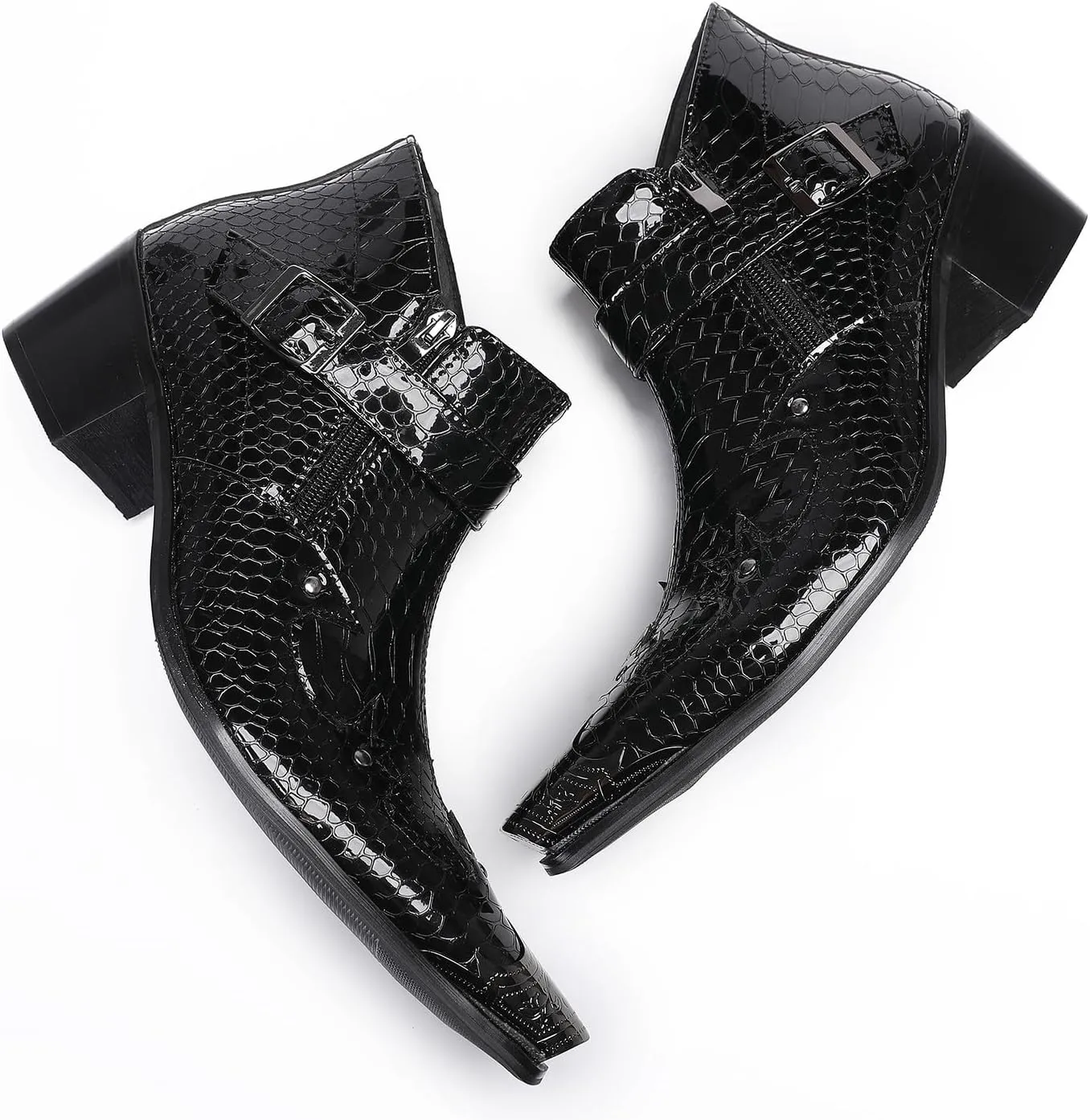 Santimon Mens Ankle Chelsea Boots Casual Dress Rock Party Western Snakeskin Texture Chukka Boots Metal Wingtip Leather Double Zipper Singer Cowboy Boots for Men Boy
