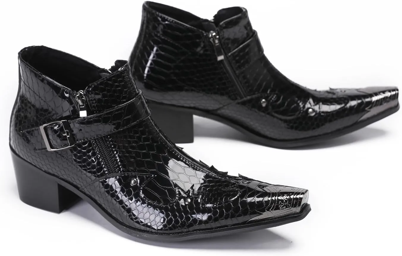 Santimon Mens Ankle Chelsea Boots Casual Dress Rock Party Western Snakeskin Texture Chukka Boots Metal Wingtip Leather Double Zipper Singer Cowboy Boots for Men Boy