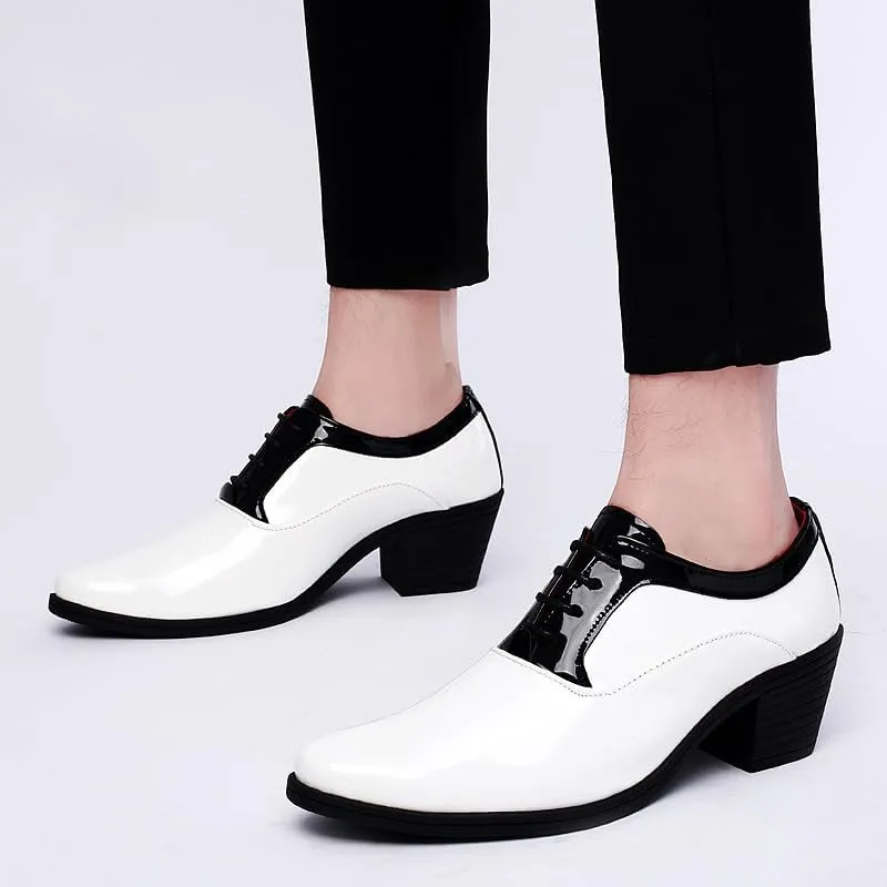 Santimon Men's Contrast Patent Leather Cuban Heel Oxfords Shoes for Wedding Dress Lace-up Shoes