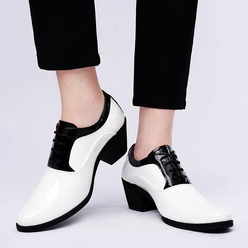 Santimon Men's Contrast Patent Leather Cuban Heel Oxfords Shoes for Wedding Dress Lace-up Shoes