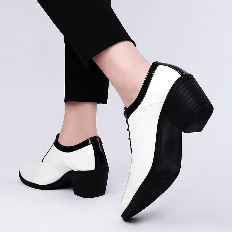 Santimon Men's Contrast Patent Leather Cuban Heel Oxfords Shoes for Wedding Dress Lace-up Shoes