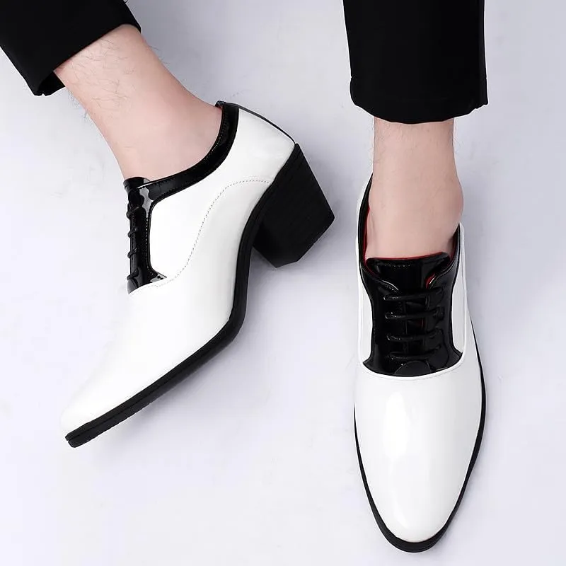 Santimon Men's Contrast Patent Leather Cuban Heel Oxfords Shoes for Wedding Dress Lace-up Shoes