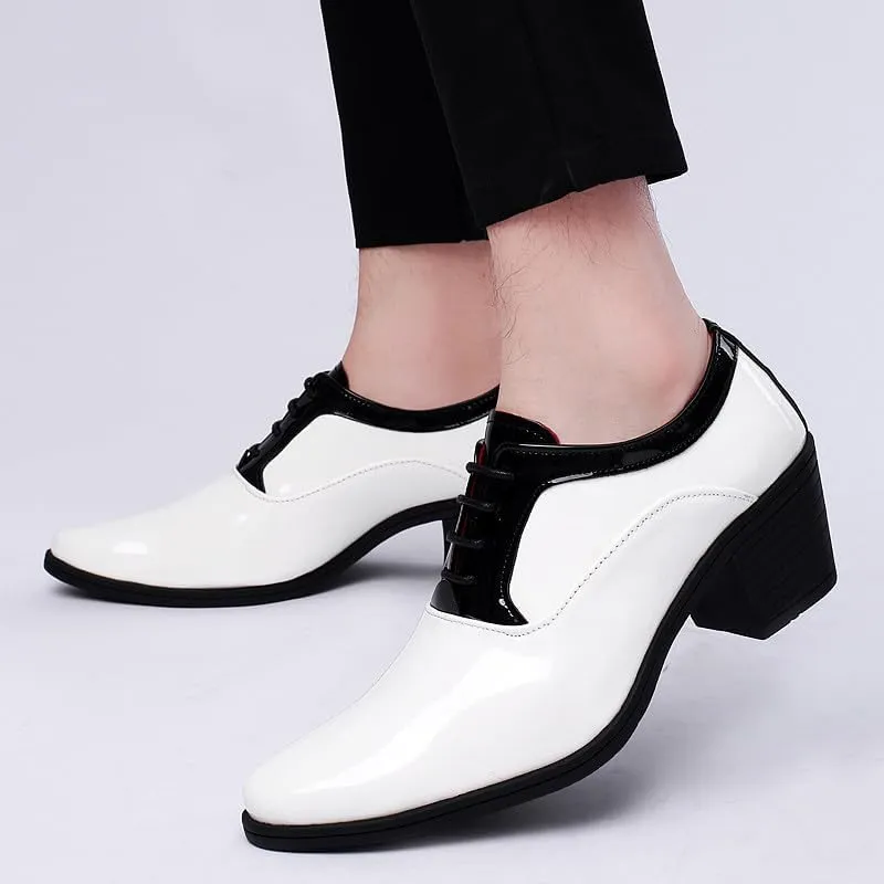Santimon Men's Contrast Patent Leather Cuban Heel Oxfords Shoes for Wedding Dress Lace-up Shoes