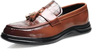 Santimon Men's Crocodile Print Tassel Loafers Slip-On Leather Shoes Comfortable Dress Casual Mocassin Driving Shoe