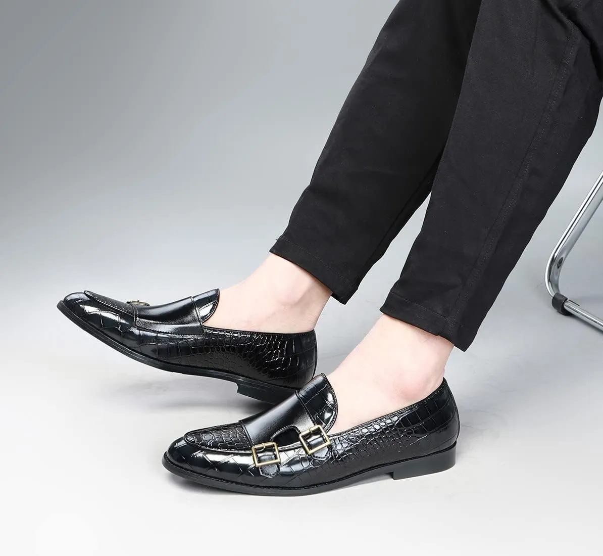 Santimon Men's Dress Loafer Shoes Double Monk Strap Slip On Loafers Formal Business Casual Dress Shoes for Men
