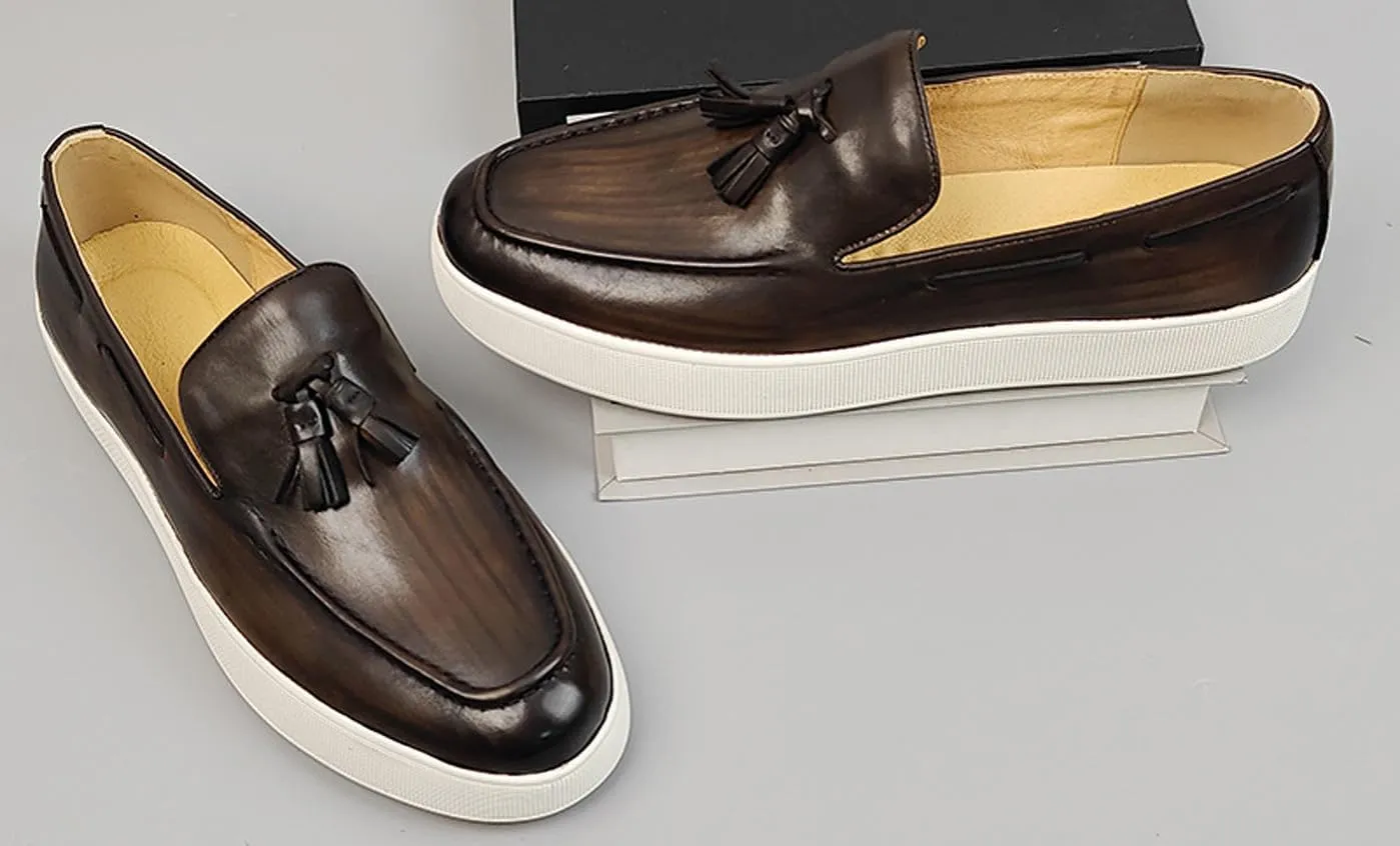 Santimon Men’s Leather Penny Loafers with Tassels – Stylish Slip-On Dress Casual Shoes, Classic & Comfortable for Business, Weddings, and Casual Wear
