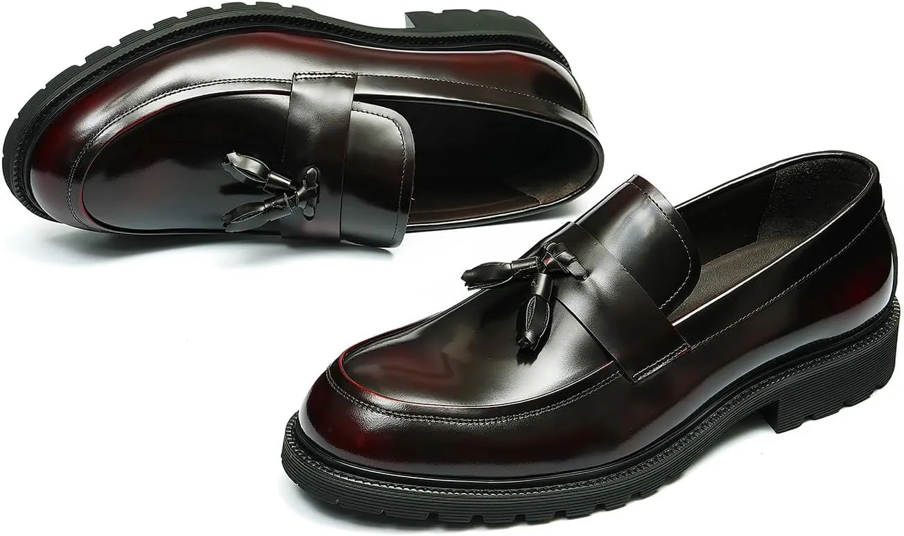 Santimon Men's Loafers Slip Ons Dress Casual Tassel Shoes Genuine Leather Thick-Soled Penny Loafer Formal Business Fashion Prom Wedding Tuxedo Shoes for Men