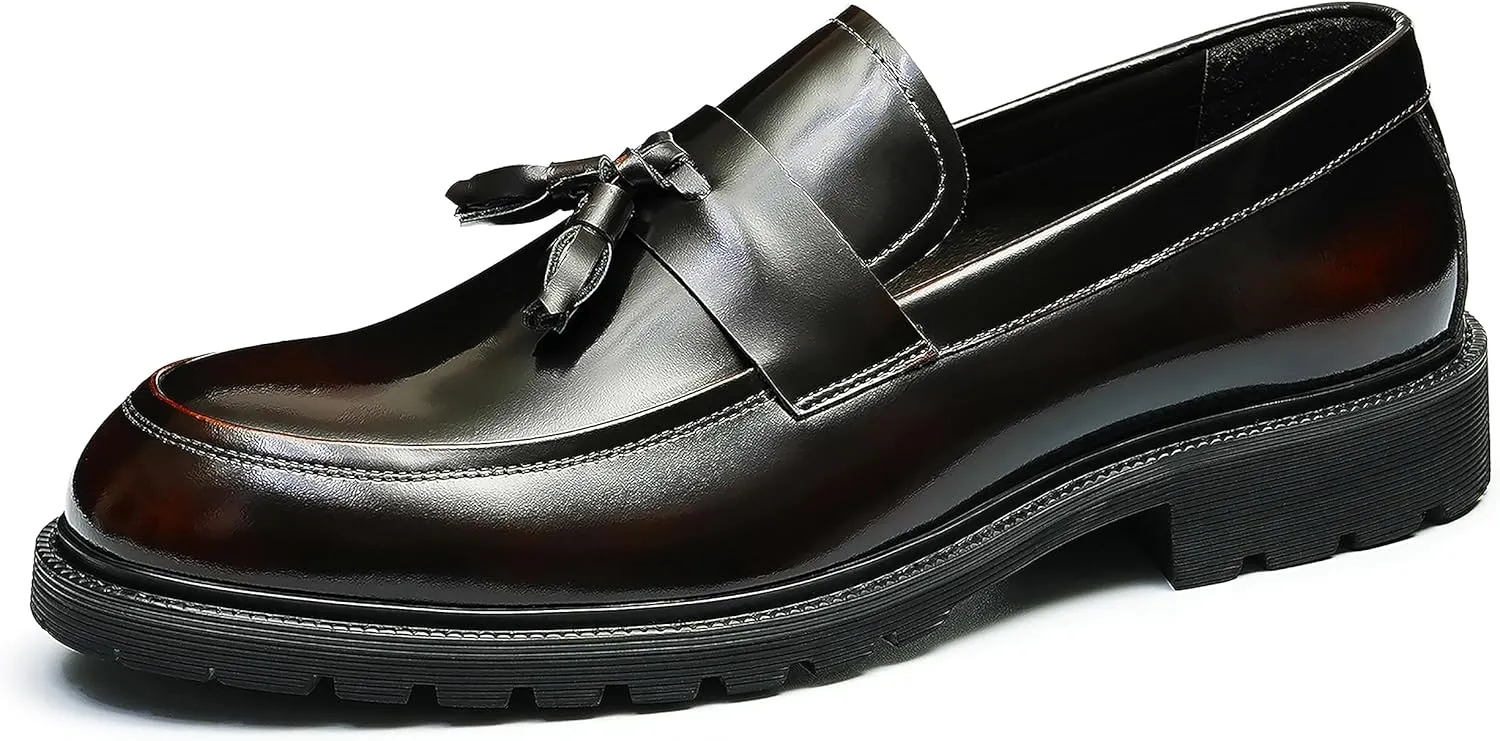 Santimon Men's Loafers Slip Ons Dress Casual Tassel Shoes Genuine Leather Thick-Soled Penny Loafer Formal Business Fashion Prom Wedding Tuxedo Shoes for Men
