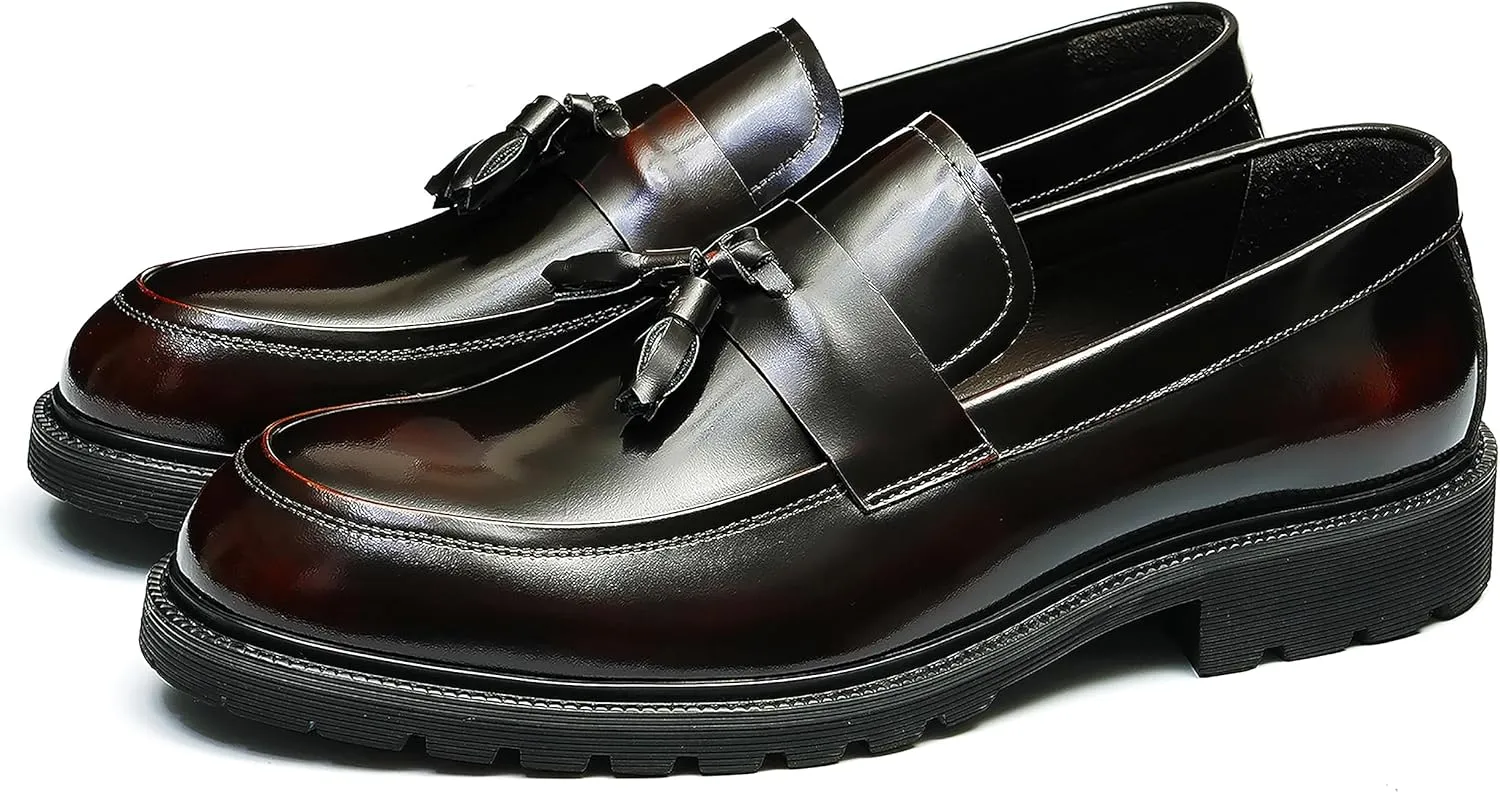 Santimon Men's Loafers Slip Ons Dress Casual Tassel Shoes Genuine Leather Thick-Soled Penny Loafer Formal Business Fashion Prom Wedding Tuxedo Shoes for Men