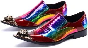 Santimon Mens Metal-Cap Formal Shoes Rainbow Snake Pattern Leather Composite Stitched Details Dress Party Prom Loafers for Men