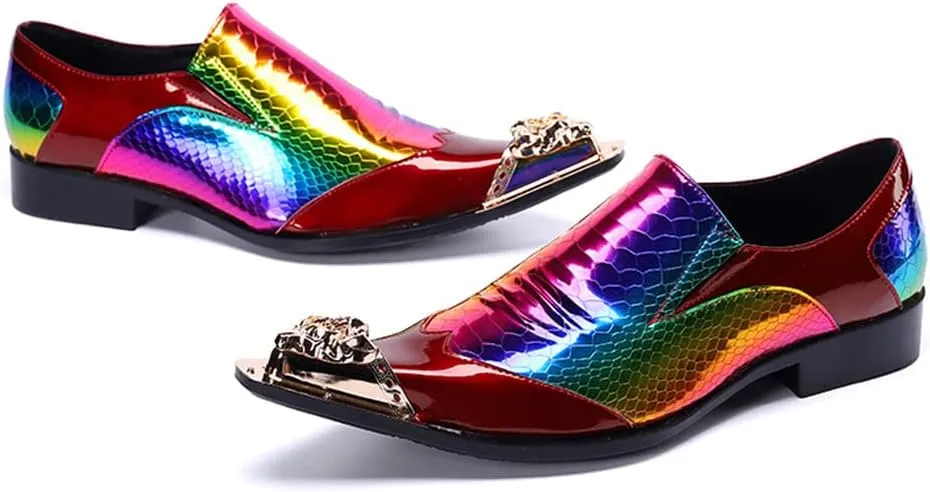 Santimon Mens Metal-Cap Formal Shoes Rainbow Snake Pattern Leather Composite Stitched Details Dress Party Prom Loafers for Men