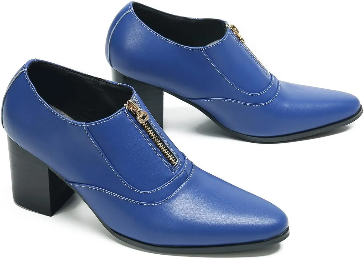 Santimon Men's Pump Slip On Loafers Party Dress Casual Leather Shoes Fashion Western Prom Wedding Disco Zipper Heels Shoes for Men Boys