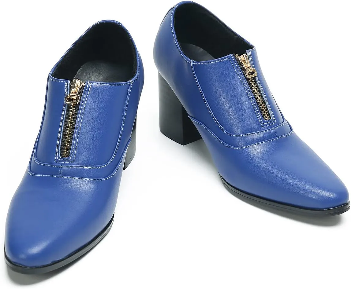 Santimon Men's Pump Slip On Loafers Party Dress Casual Leather Shoes Fashion Western Prom Wedding Disco Zipper Heels Shoes for Men Boys