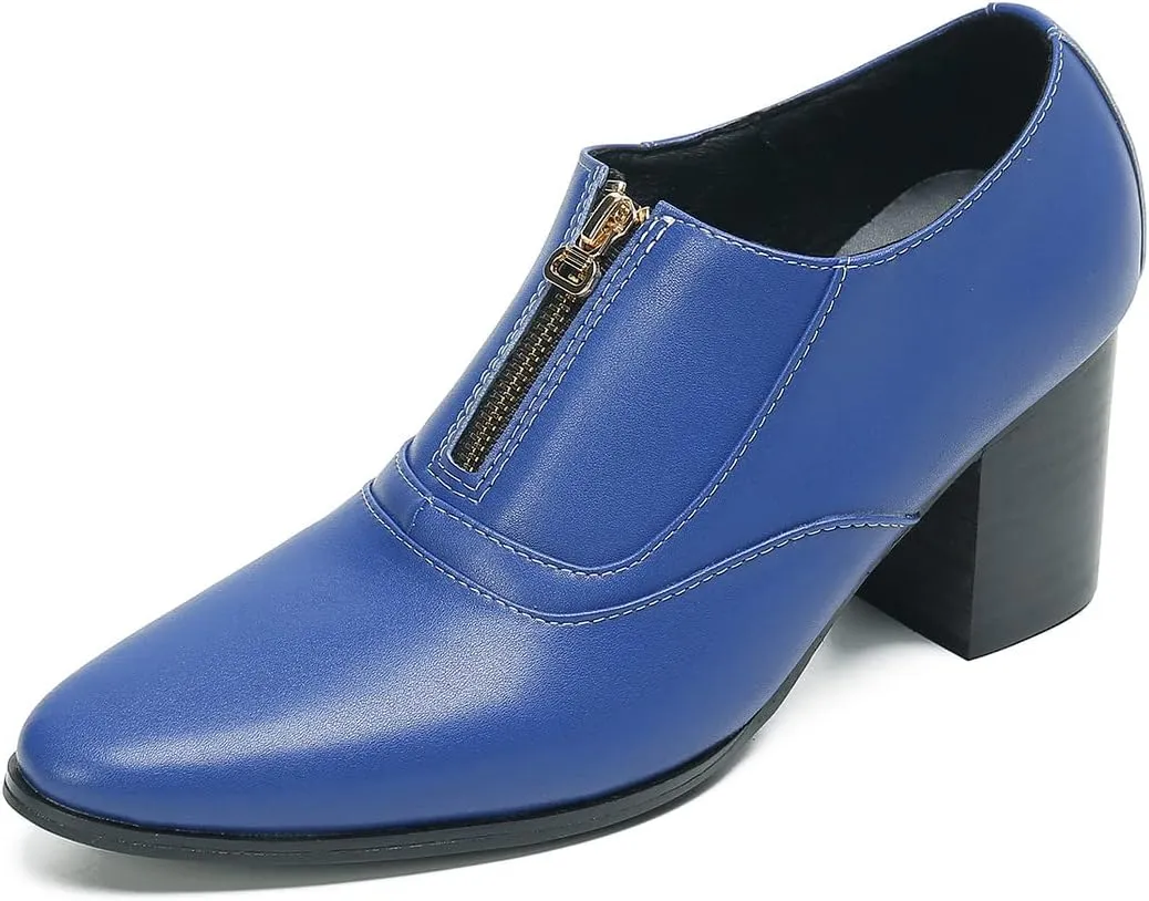 Santimon Men's Pump Slip On Loafers Party Dress Casual Leather Shoes Fashion Western Prom Wedding Disco Zipper Heels Shoes for Men Boys