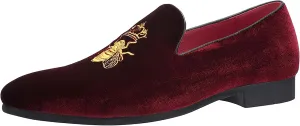 Santimon Men's Velvet Loafers Casual Slip on Dress Shoes with Gold Embroidery Smoking Slippers Flats