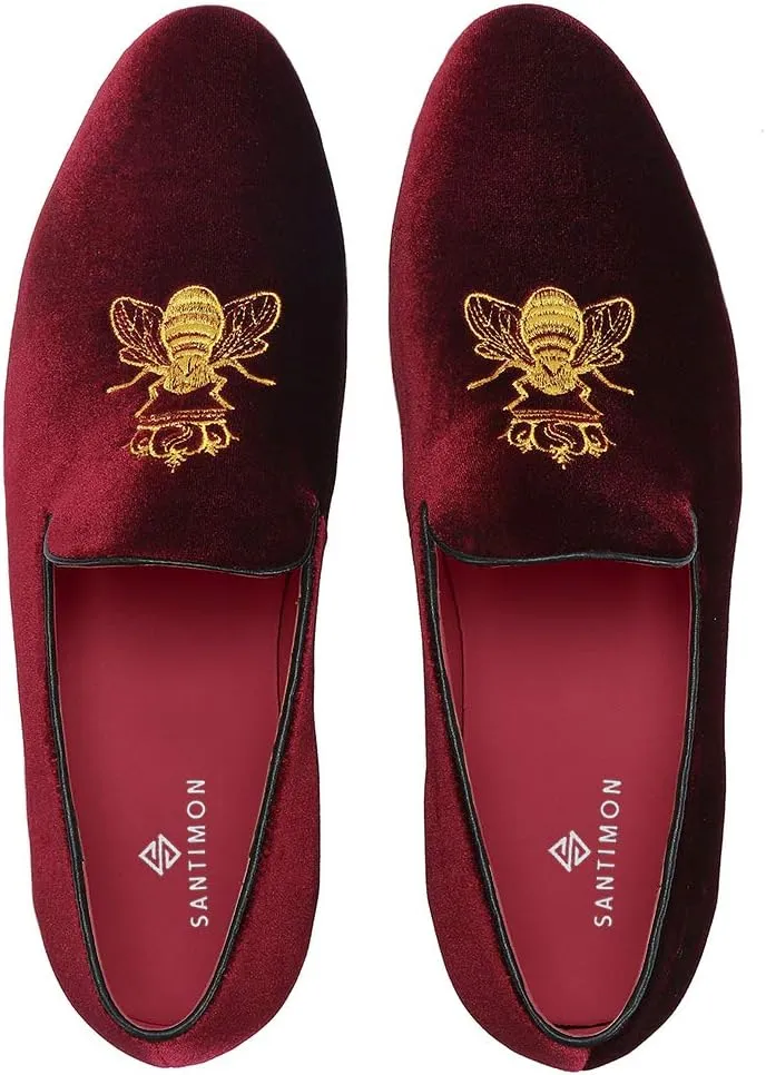 Santimon Men's Velvet Loafers Casual Slip on Dress Shoes with Gold Embroidery Smoking Slippers Flats