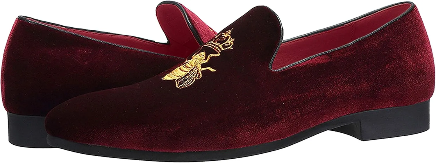 Santimon Men's Velvet Loafers Casual Slip on Dress Shoes with Gold Embroidery Smoking Slippers Flats