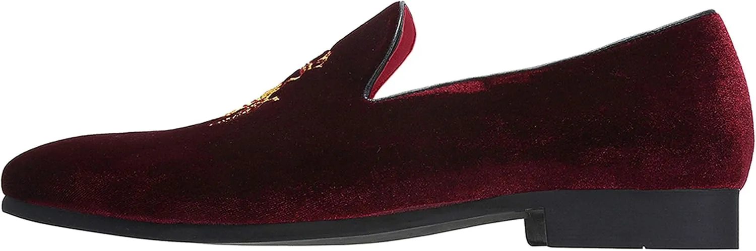 Santimon Men's Velvet Loafers Casual Slip on Dress Shoes with Gold Embroidery Smoking Slippers Flats