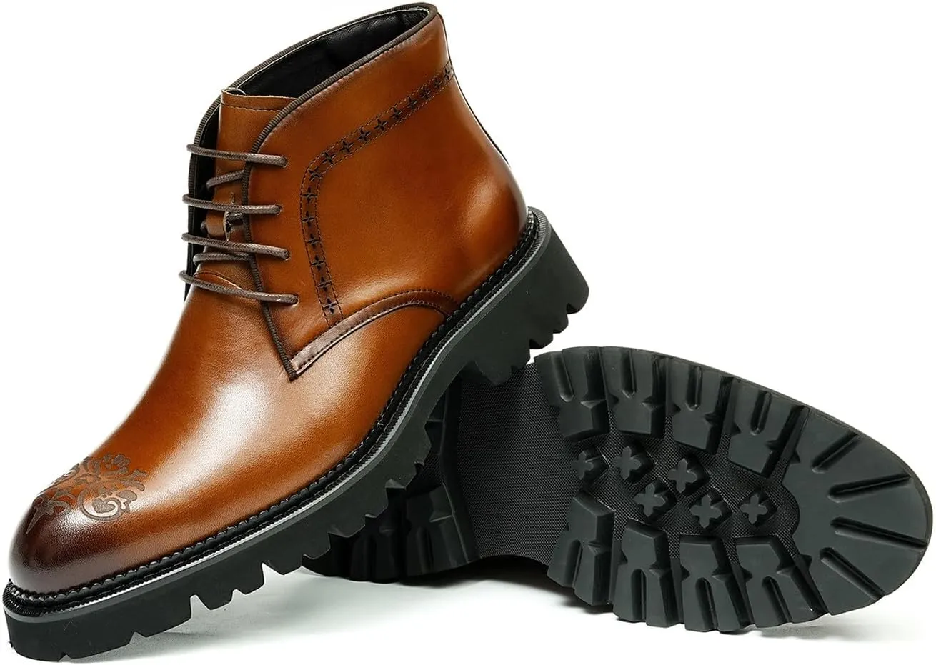 Santimon Oxfords Boots Men Formal Dress Genuine Leather Brogues Lace Up Ankle Boots Fashion Comfortable Business Causal Chelsea Boots Tuxedo Wedding Prom Chukka Boots for Men