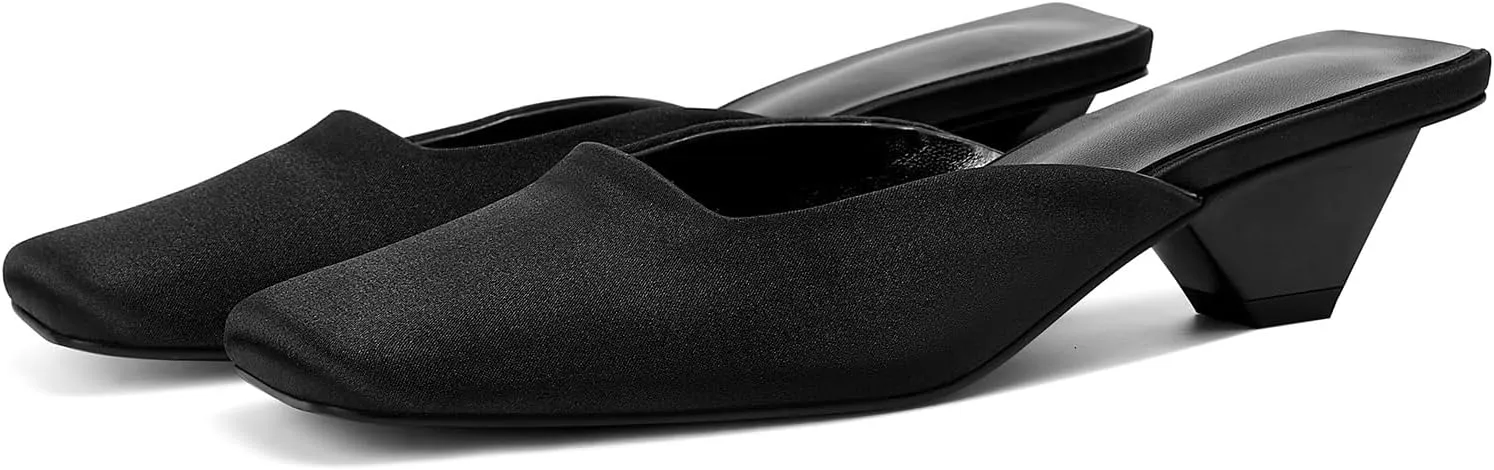 Satin Mid-low Heels Muller Sandals for Women, Closed Square Toe Kitten Heels Slip On Mules for Wedding Party Dance Dressy Casual Summer Pumps