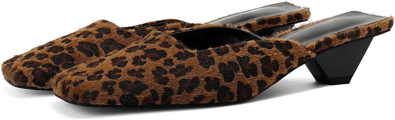 Satin Mid-low Heels Muller Sandals for Women, Closed Square Toe Kitten Heels Slip On Mules for Wedding Party Dance Dressy Casual Summer Pumps,Leopard 10