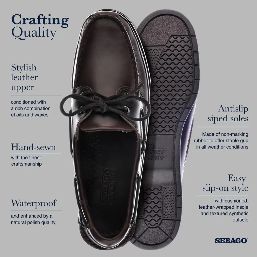 Sebago Schooner Waterproof Boat Shoes - Leather Moccasins for Men Featuring 360-Degree Rawhide Lacing and Non-Marking Slip-Resistant Soles