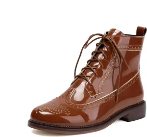 SEIFIN Women's Wingtip Oxford Boot Combat Boots Side Zip Ankle Motorcycle Boots Dressy Lace Up Wingtip Brogue Short Booties