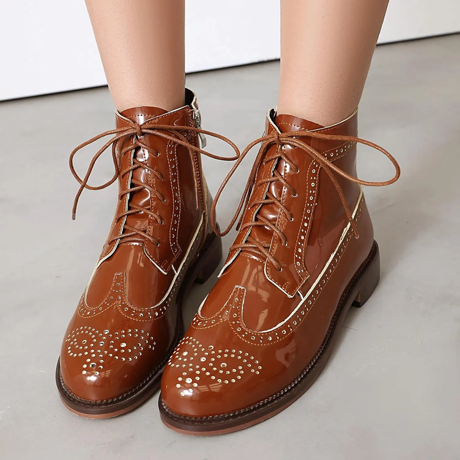 SEIFIN Women's Wingtip Oxford Boot Combat Boots Side Zip Ankle Motorcycle Boots Dressy Lace Up Wingtip Brogue Short Booties