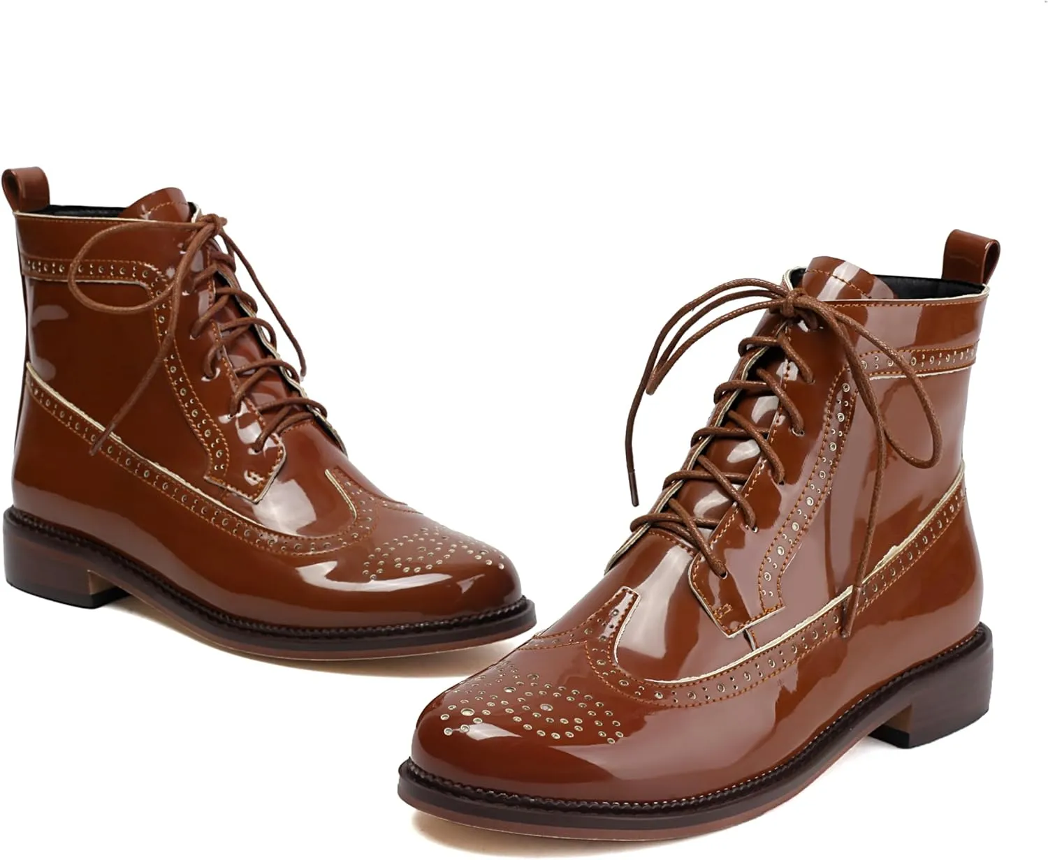SEIFIN Women's Wingtip Oxford Boot Combat Boots Side Zip Ankle Motorcycle Boots Dressy Lace Up Wingtip Brogue Short Booties