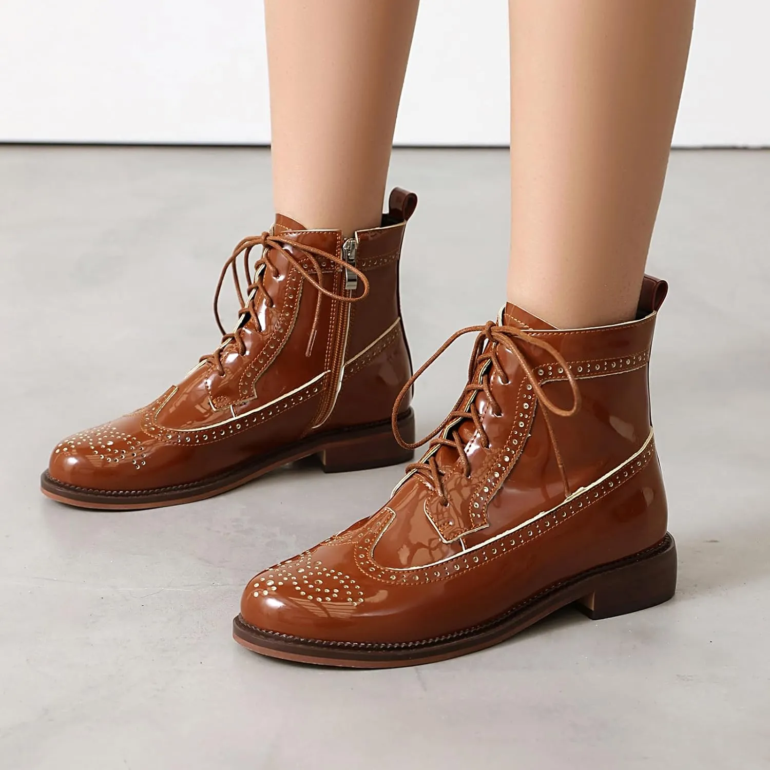 SEIFIN Women's Wingtip Oxford Boot Combat Boots Side Zip Ankle Motorcycle Boots Dressy Lace Up Wingtip Brogue Short Booties
