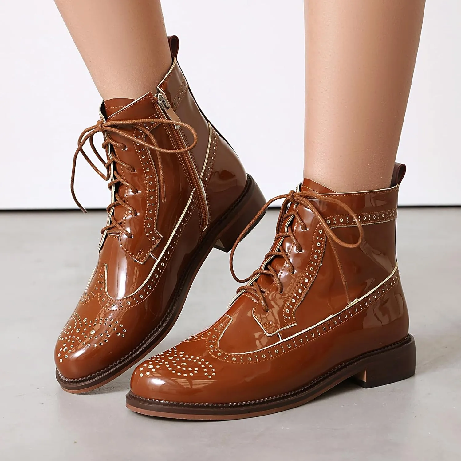 SEIFIN Women's Wingtip Oxford Boot Combat Boots Side Zip Ankle Motorcycle Boots Dressy Lace Up Wingtip Brogue Short Booties