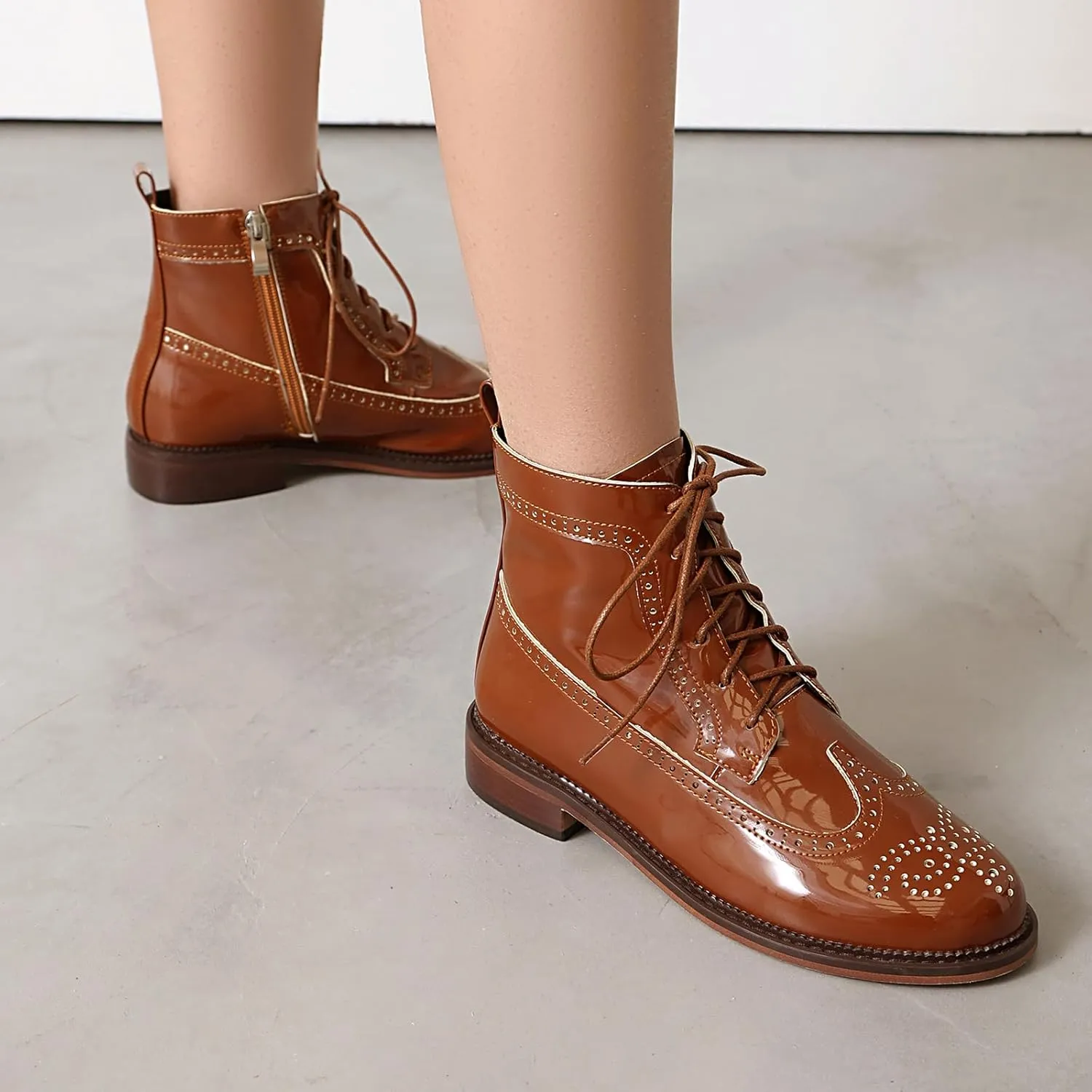 SEIFIN Women's Wingtip Oxford Boot Combat Boots Side Zip Ankle Motorcycle Boots Dressy Lace Up Wingtip Brogue Short Booties