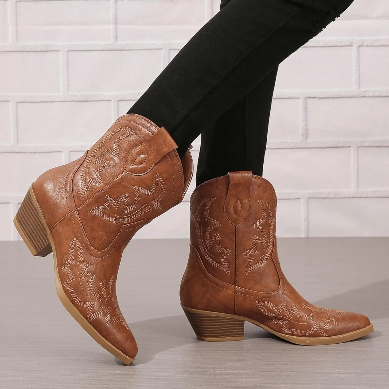 SelRoys Cowboy Boots for Women Ankle Cowgirl Boots Western Pointed Toe Embroidery Stitched Low Chunky Heel Booties Pink Black Green US5-11
