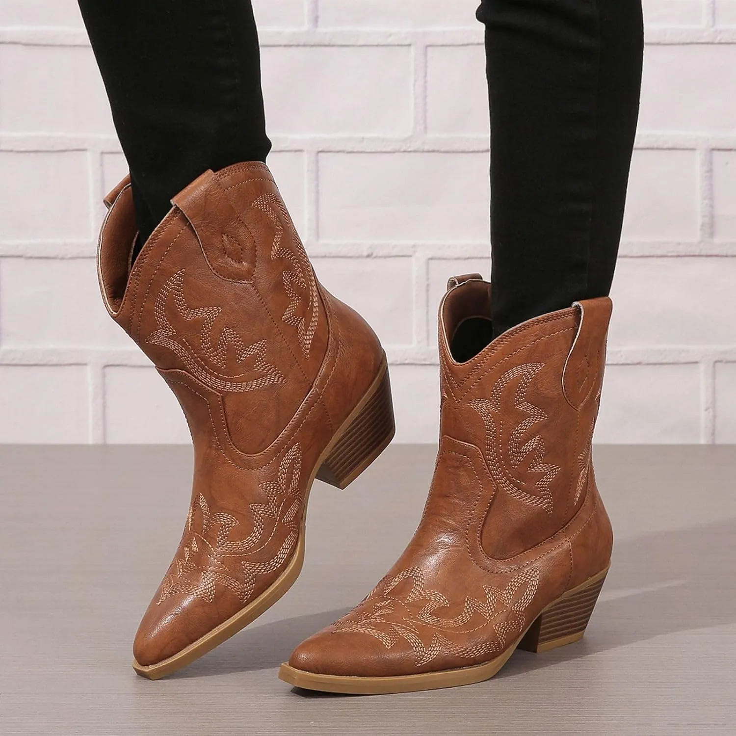 SelRoys Cowboy Boots for Women Ankle Cowgirl Boots Western Pointed Toe Embroidery Stitched Low Chunky Heel Booties Pink Black Green US5-11
