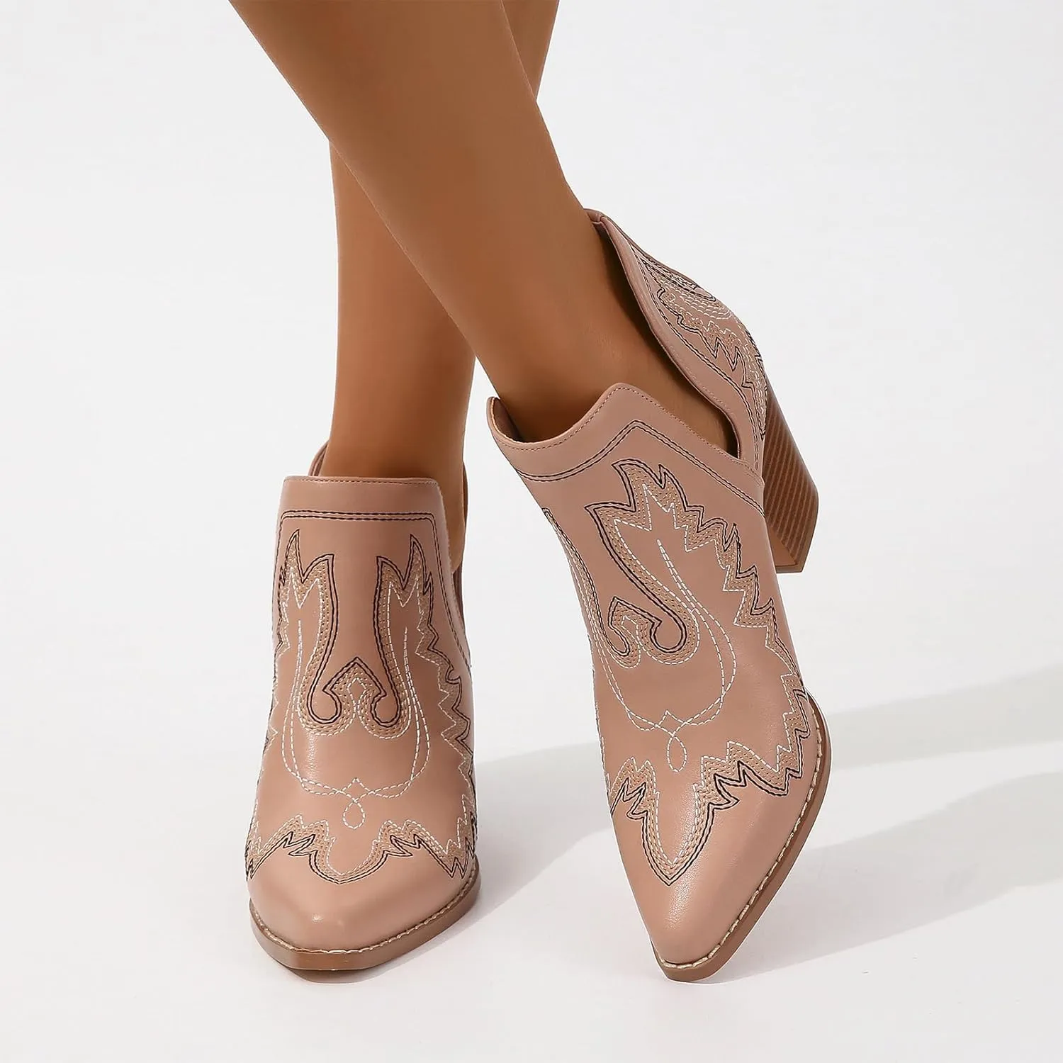 SelRoys Cowboy Boots for Women Cowgirl Ankle Western Embroidered Stitched Pointed Toe Cutout Chunky Heels Short Booties Red Brown Black US5-11