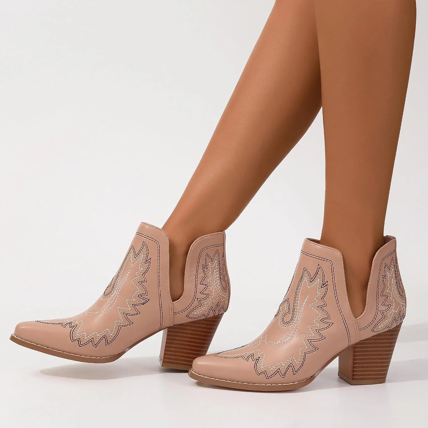 SelRoys Cowboy Boots for Women Cowgirl Ankle Western Embroidered Stitched Pointed Toe Cutout Chunky Heels Short Booties Red Brown Black US5-11