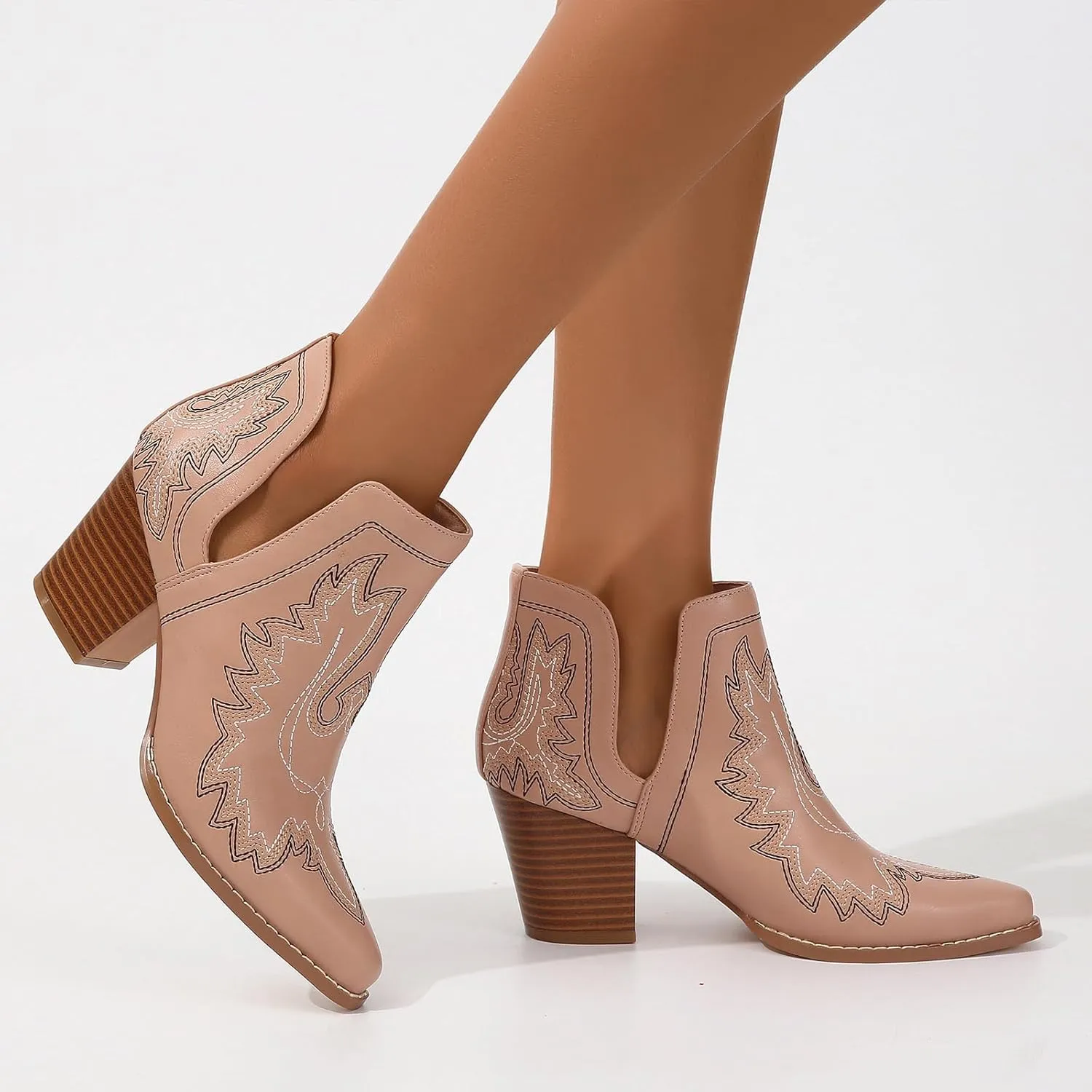 SelRoys Cowboy Boots for Women Cowgirl Ankle Western Embroidered Stitched Pointed Toe Cutout Chunky Heels Short Booties Red Brown Black US5-11