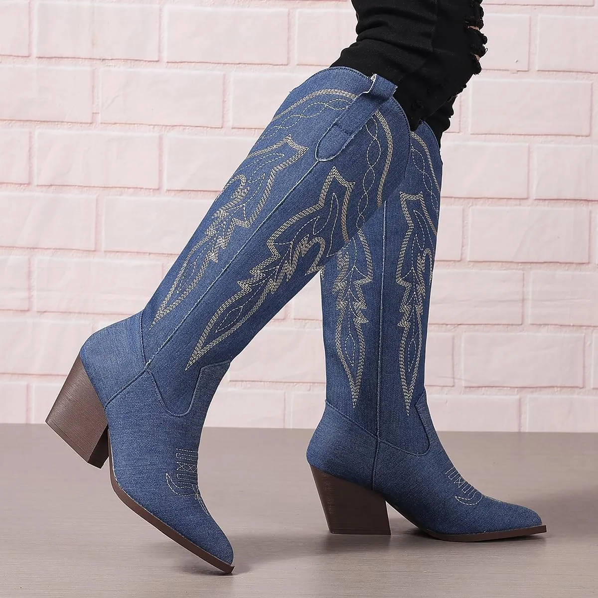 SelRoys Cowboy Boots for Women Cowgirl Embroidered Stitched Pointy Toe Chunky Heel Western Country Fashion Boots
